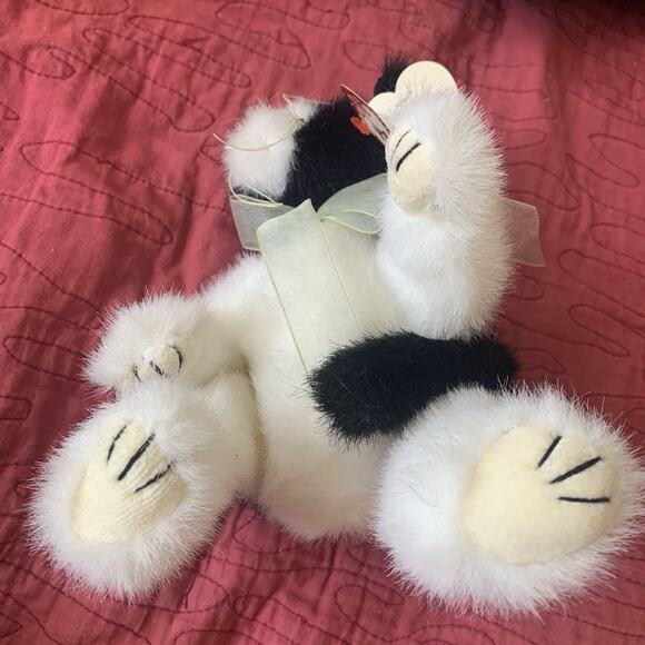 Ty Attic Treasures Arlen Black & White Cat Plush 10" Jointed Green Bow 1993 - Picture 9 of 10